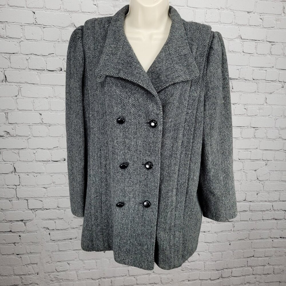 VTG Campari Grey Tweed Herringbone Pea Coat Puff Sleeve Retro USA Made Size L/XL